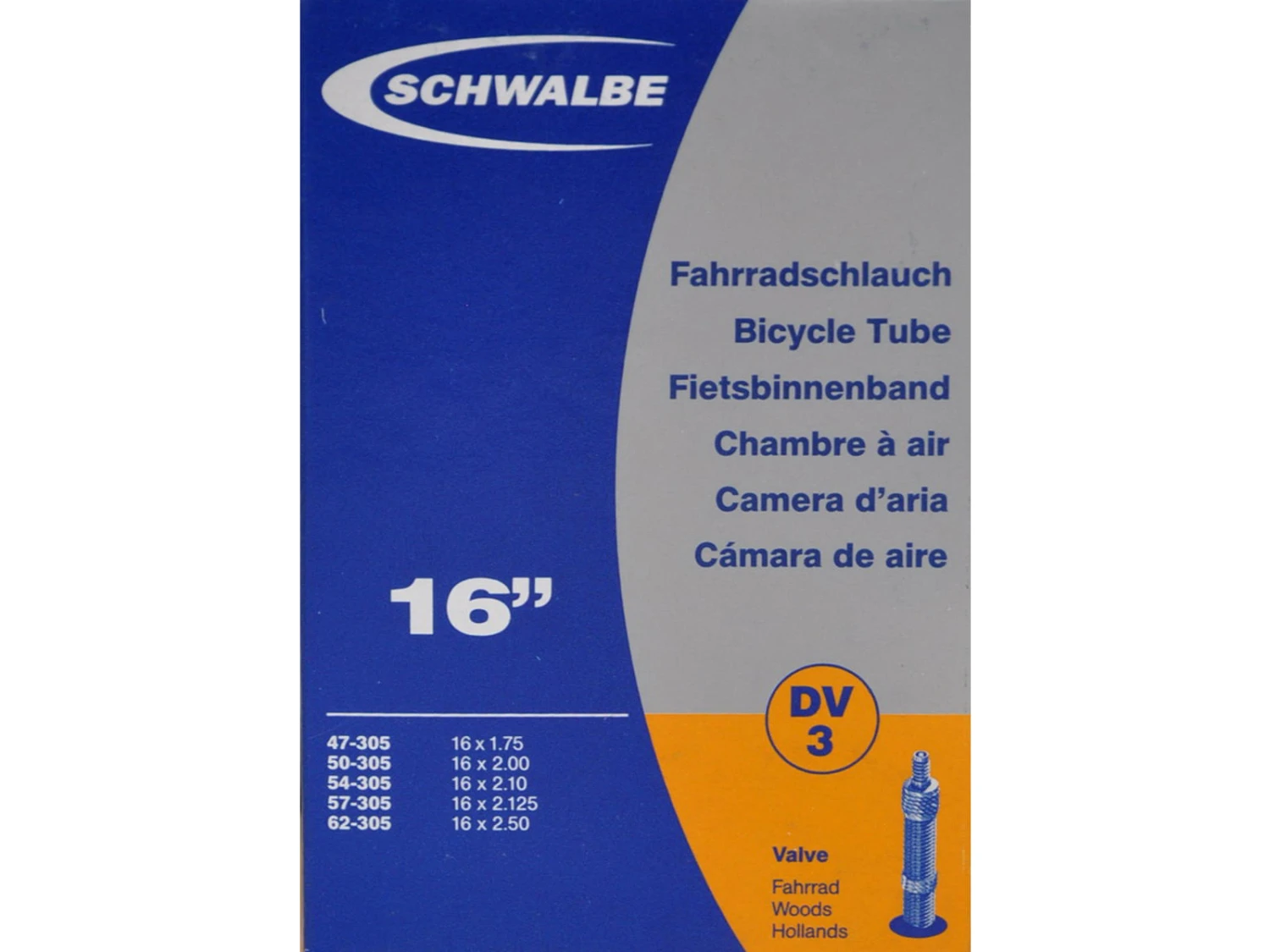 Schwalbe - Slang - 16 X 1,75-2,50 - Vanlig Ventil - DV3 1 Schwalbe - Slang - 16 X 1,75-2,50 - Vanlig Ventil - DV3
